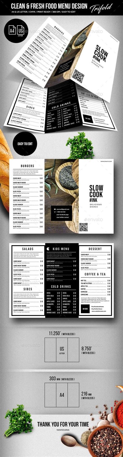 Clean & Fresh A4 & US Letter Trifold Food Menu - Food Menus Print ...