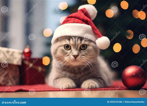 Cute Kitten Wearing Red Santa& X27;s Hat Indoors Copy Space Stock Photo ...