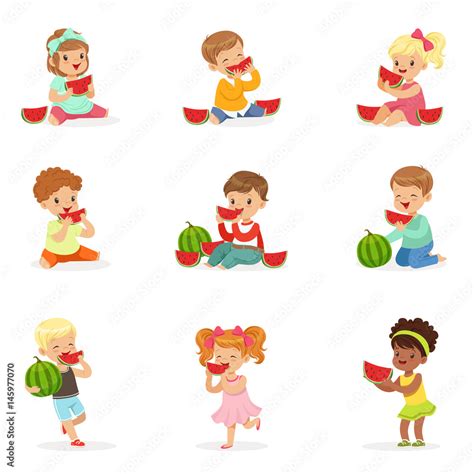 Cute little kids eating watermelon. Healthy eating, snack for children ...