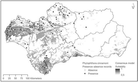 The potential distribution area of Phytophthora cinnamomi in Andalusia ...