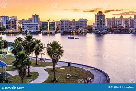 Sarasota Skyline at Dawn with Orange Sky Stock Image - Image of orange ...