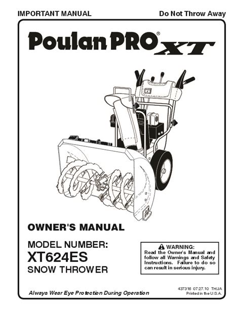 Poulan Pro XT624ES 437316 Snow Blower Owners Manual, 2010