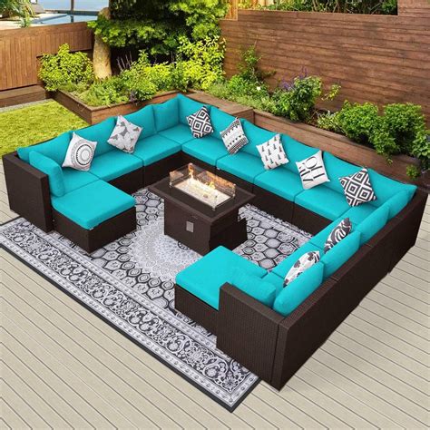 NICESOUL 15-Piece Large Size Patio Brown PE Wicker Patio Sofa Set with Teal Cushions and 55,000 ...