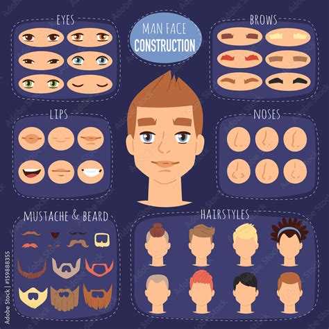 Man face emotions constructor parts eyes, nose, lips, beard, mustache avatar creator vector ...
