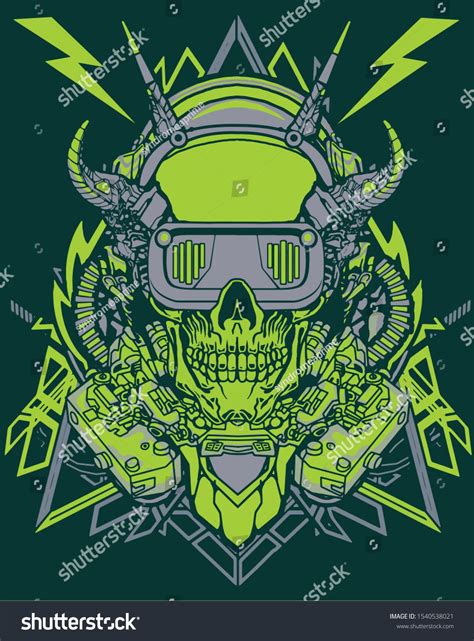 cyberpunk skull robot with future technology elements with sacred geometry background for tshirt ...