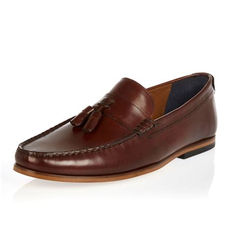 River Island Dark Brown Leather Tassel Loafers for Men - Lyst