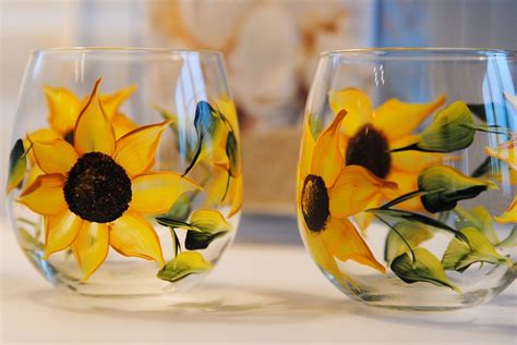 Hand Painted Stemless Sunflower Wine Glass by BrushstrokesByBeth, $20.00 | Painted glasses ...