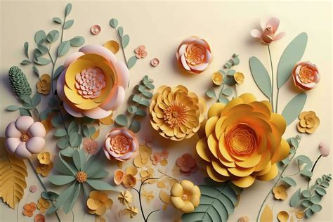 3d floral craft wallpaper. orange, rose, green and yellow flowers in light background. for kids ...