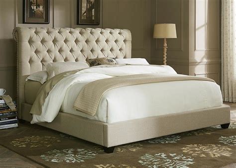 Cal King Size Padded Platform Bed With Tufted Ivory Fabric Headboard ...