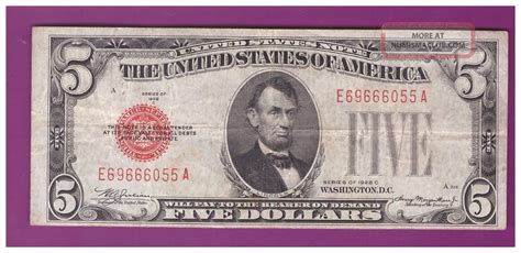 1928c 5 Dollar Bill Old Us Note Legal Tender Paper Money Currency Red ...