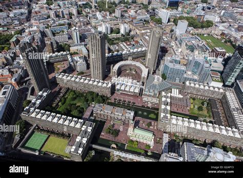 An aerial view of the Barbican Estate, a residential estate in the City of London and a prime ...