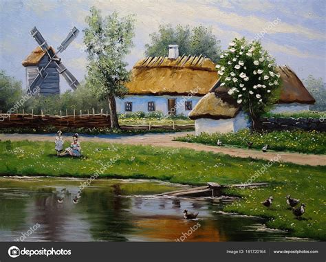 Village Rural Oil Paintings Landscape Fine Art Spring Stock Photo by ...