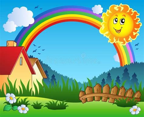 Landscape with Sun and rainbow. Illustration , #Affiliate, #Sun, #Landscape, #Illustration, # ...