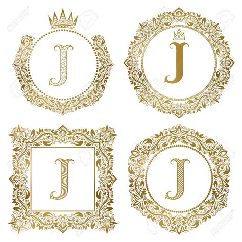 Golden letter J vintage monograms set. Heraldic coats of arms, round and square frames. Фото со ...