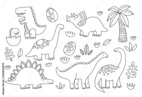 Cute dinosaur outlines in cartoon style. Kids coloring book illustrations. Stock Vector | Adobe ...