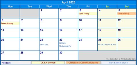 April 2026 UK Calendar with Holidays for printing (image format)