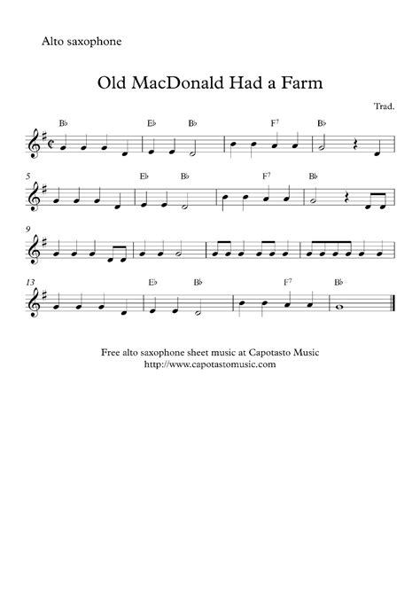 Easy Sheet Music For Beginners: Free easy alto saxophone sheet music, Old MacDonald Had a Farm