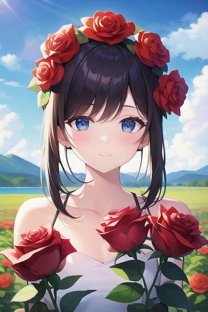 Premium AI Image | Anime girl with roses on her head in a flower crown