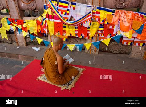 A Buddhist monk reads from religious text at Bodh Gya during Buddha ...