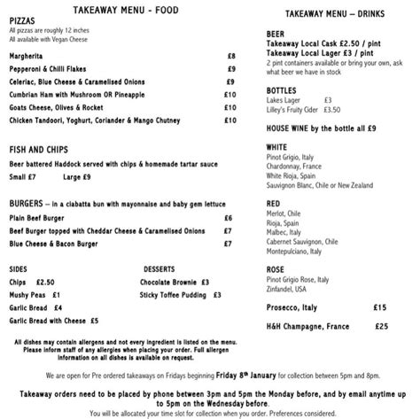 Menu at Hare &Hounds pub & bar, Levens