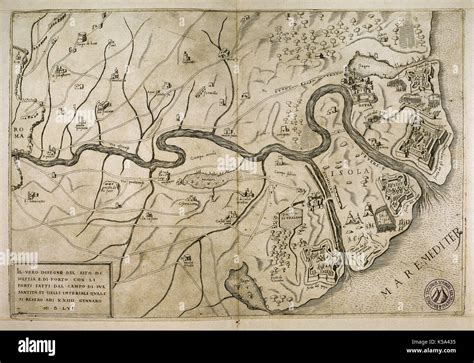 Map of the city of Ostia (Italy), 1562. Italian engraving of the 16th ...