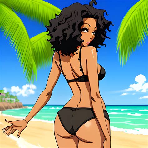 Anime,beach,rear view, brownskin,cute girl,black curly hair,gree... - Arthub.ai