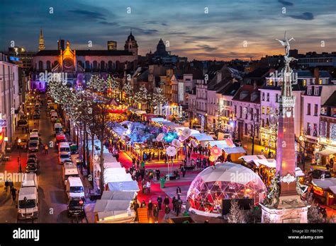 Belgium, Brussels Christmas Market or Winter Wonders, Marché aux Poissons, Fish Market next to ...