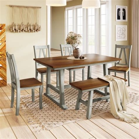 Farmhouse 6-piece Wood Dining Table Set With Long Bench And 4 Dining ...