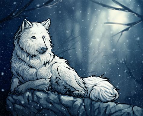 a white wolf sitting on top of a rock in the snow