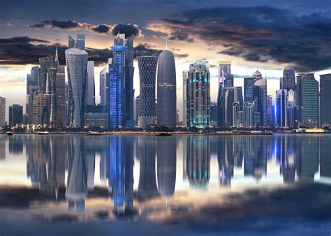 Doha City Skyline City Center At Night Qatar Stock Photo - Download Image Now - iStock