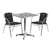 23.5'' Square Aluminum Indoor-Outdoor Table Set with 2 Black Rattan Chairs