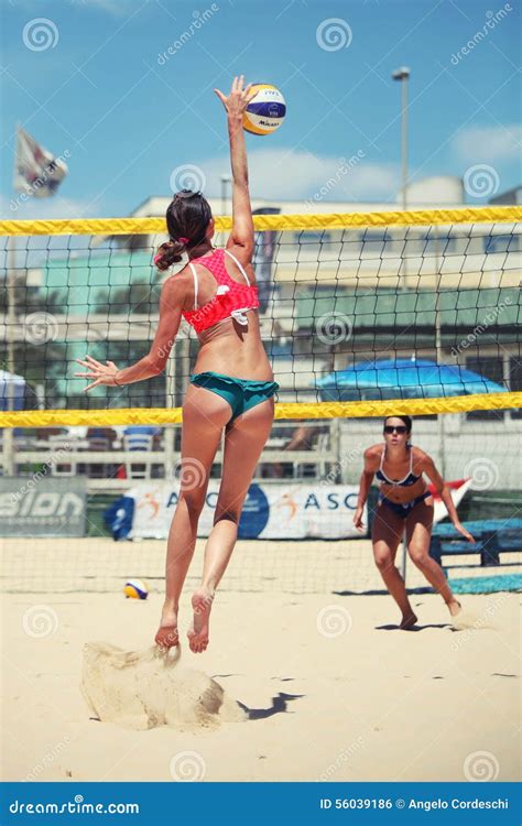 Women Beach Volleyball Players. Attack And Defense Editorial Photo ...