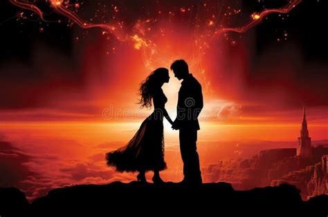 Romantic Couple Holding Hands,Silhouette Against the Backdrop of Sunset and Starry Sky,Tender ...