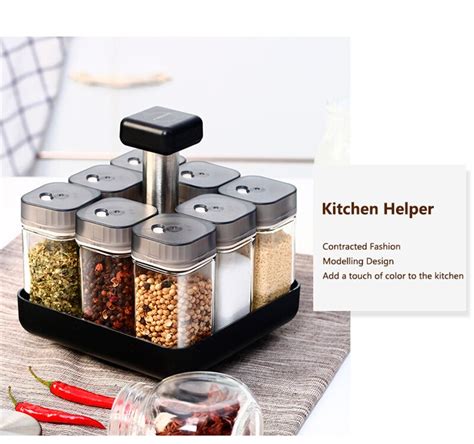 9Pcs Rotating Spice Rack Glass Jar Spices Container - ido.lk