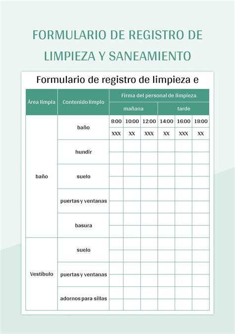 Plantilla de Formato Excel Formulario De Registro De Limpieza De Baños y Hoja de Cálculo de ...