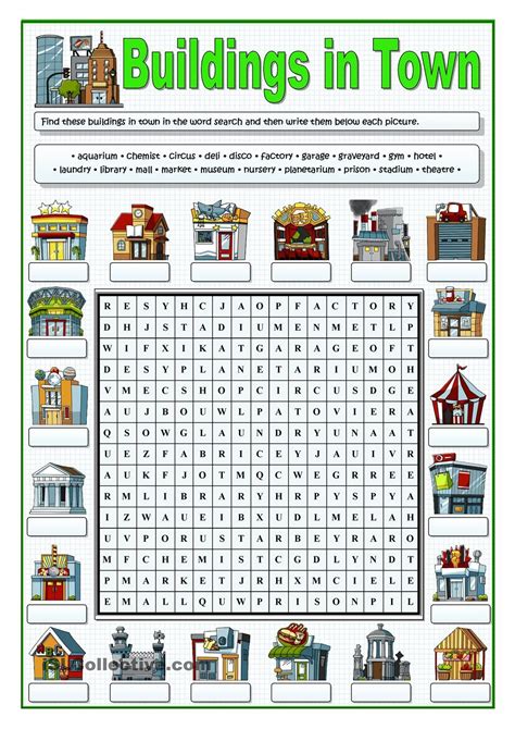 BUILDINGS IN TOWN - WORDSEARCH | Teaching english, English lessons, English classroom