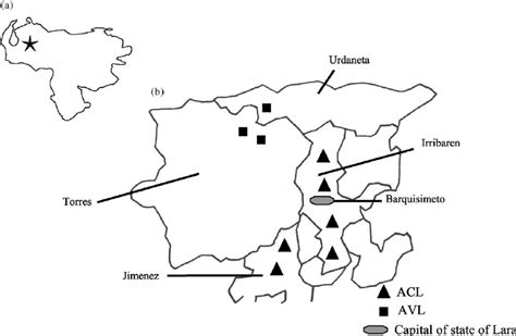 (a) Map of Venezuela showing the position of Lara State and (b) map of... | Download Scientific ...