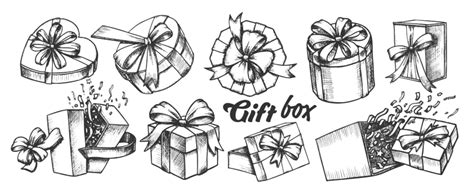 Gift Box Ribbon Vector Hd Images, Gift Box With Ribbon Collection Vintage Set Vector, Sketch ...