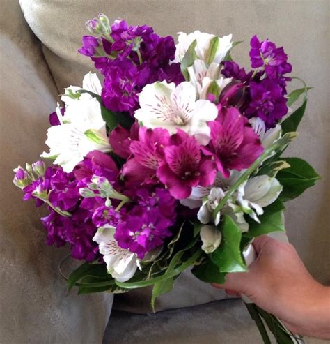 Bridal Bouquet Done With Fuchsia & White Alstromeria, Purple Stock Flower, & Variegated Pittis ...