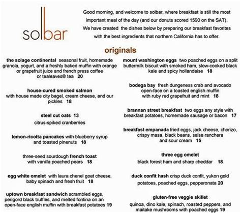 Menu at Solbar, Calistoga