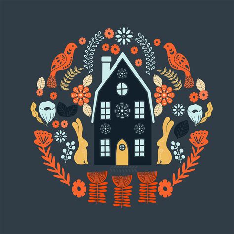 Scandinavian folk art pattern with house and flowers 679628 Vector Art at Vecteezy