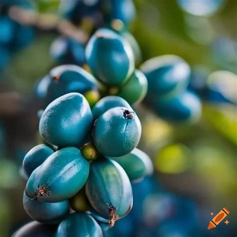 Coffee trees with shimmering blue beans