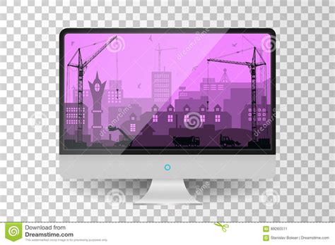 Realistic Metallic Modern TV Monitor Isolated. City Under Construction Background Stock Vector ...