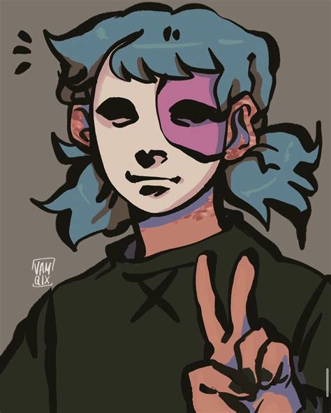 Sally Face Fan Art: Blue-Haired Character Making the Peace Sign