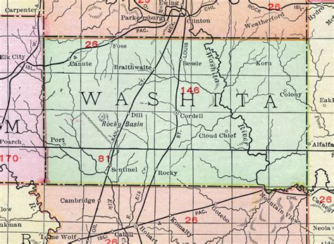 Washita County, Oklahoma 1911 Map, Rand McNally, Cordell, Sentenial, Canute