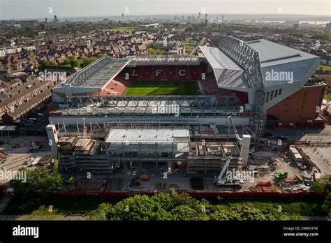 A general aerial view of the new Anfield Road stand during during ...