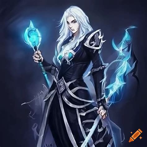 A powerful mage with a magic staff, hyper long white hair, fantasy art ...