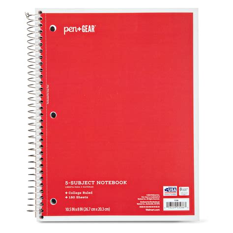 Pen + Gear 5-Subject Spiral Notebook, College Ruled, Red, 180 Sheets - Walmart.com - Walmart.com