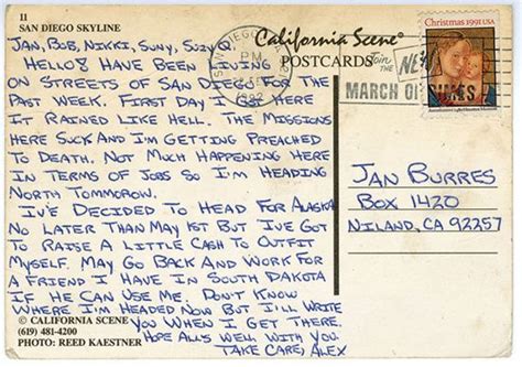 This was a postcard written by Chris to Jan Burres when he was in San ...