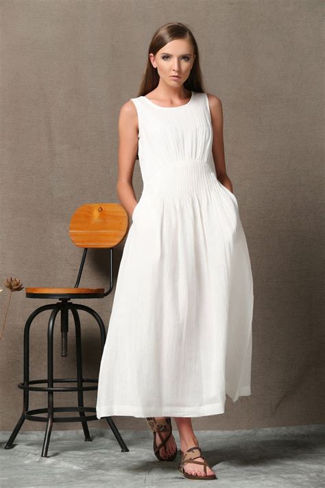 White Linen Dress, Long Linen Dress, Sleeveless Linen Tank Summer Maxi Dress With Pintuck Waist ...